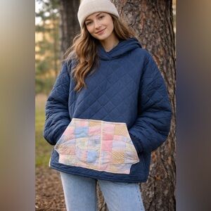 Upcycled Navy Quilted Jacket with Patchwork Pocket
